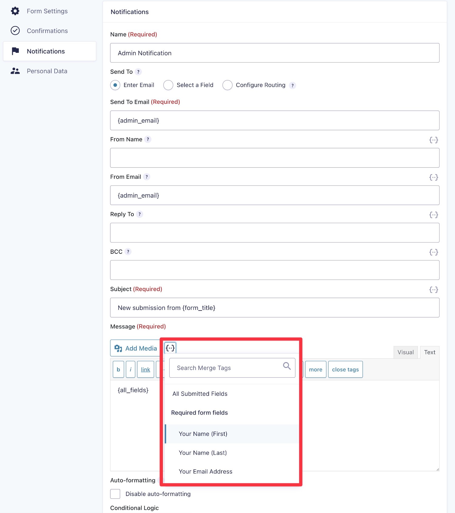 Creating a form notification