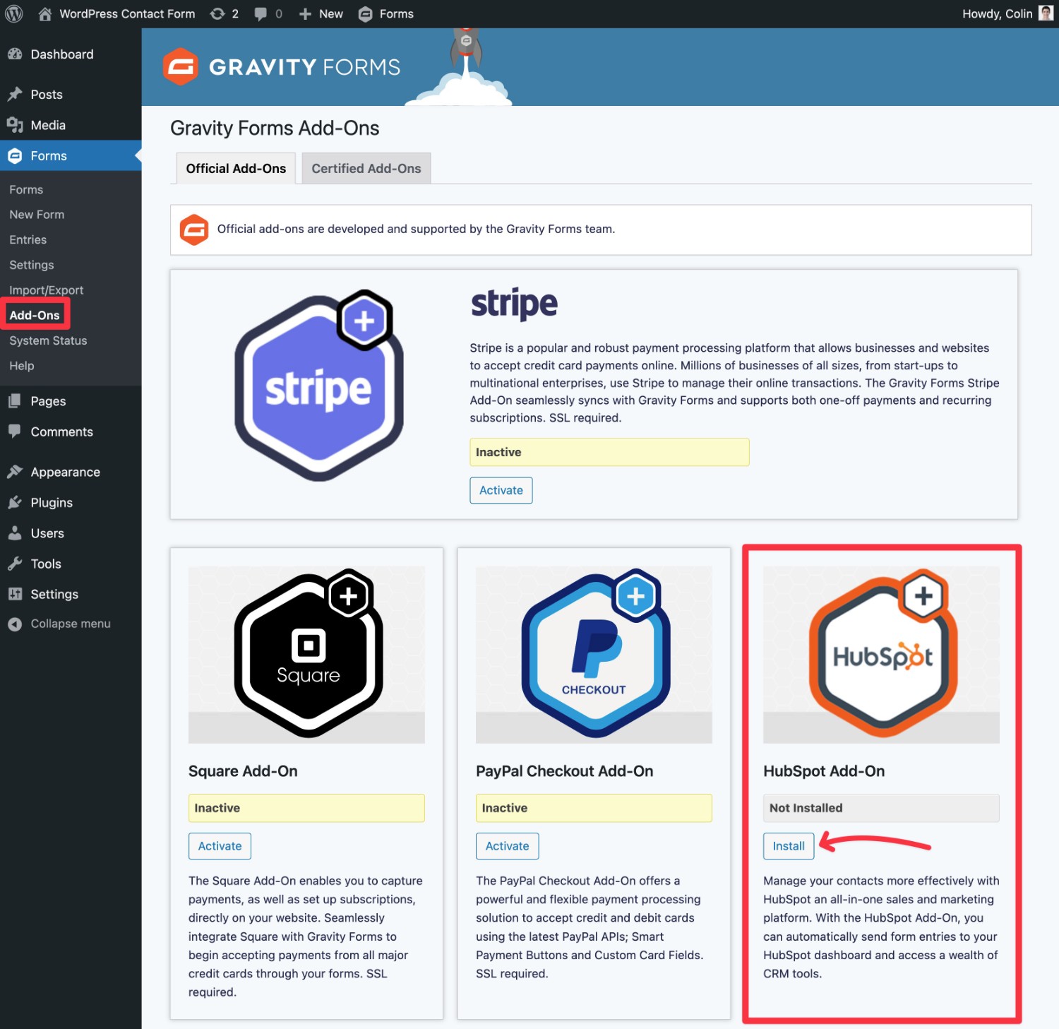 Installing the HubSpot add-on