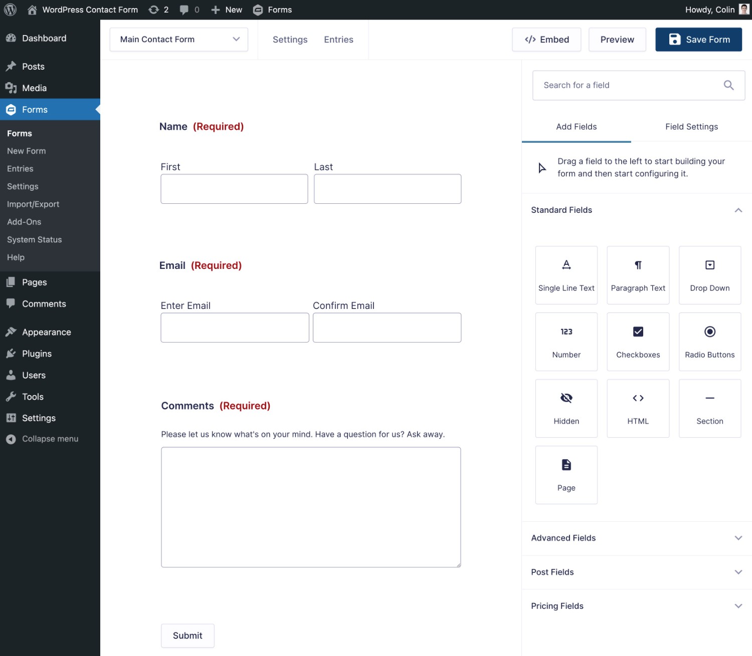 Editing a contact form template