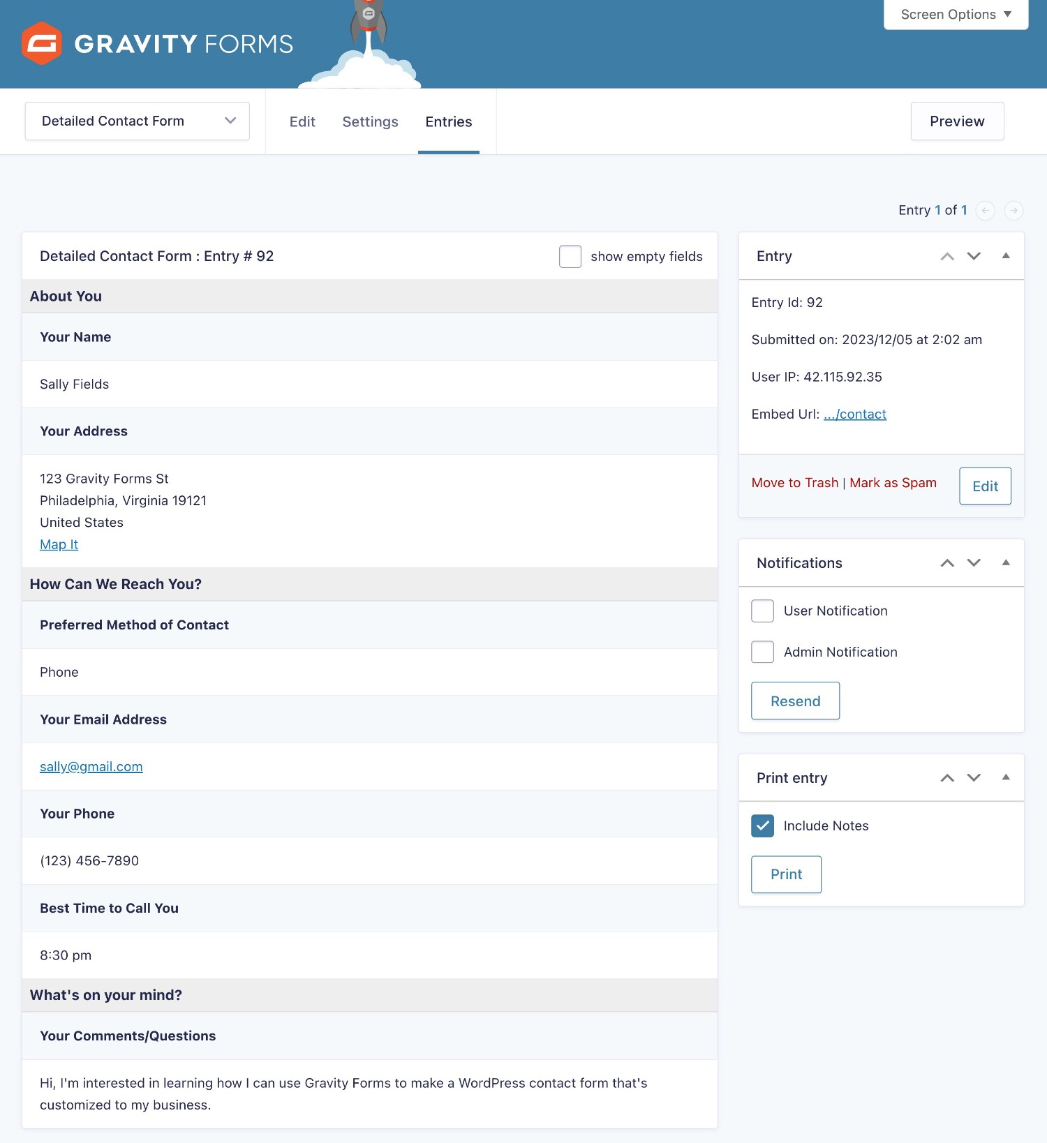 Viewing the detail for a specific form entry