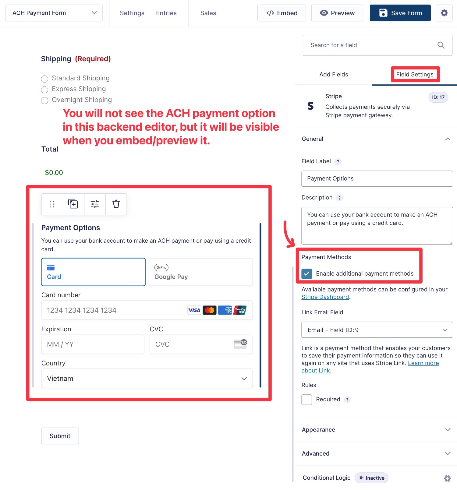 Enable Stripe ACH payments in Stripe field