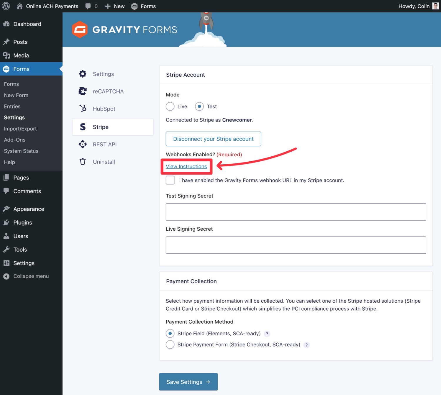 View Stripe instructions