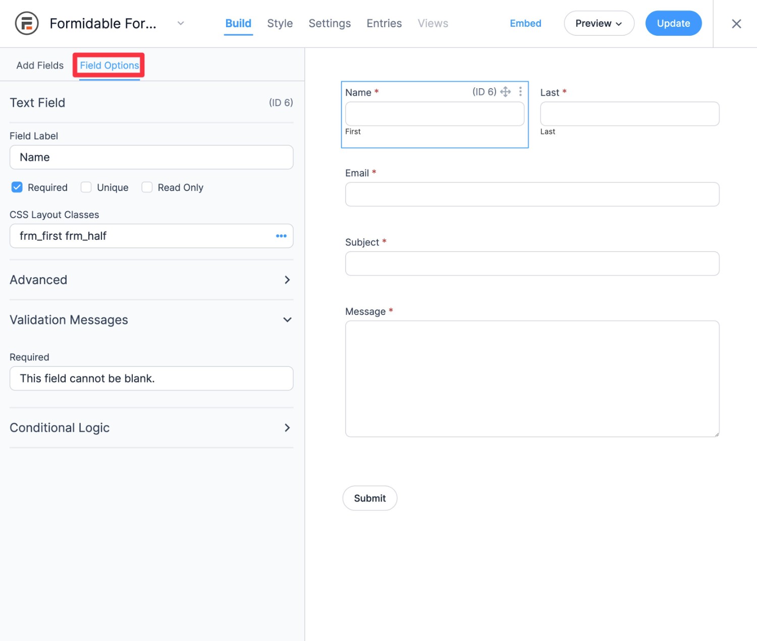 Formidable Forms field settings