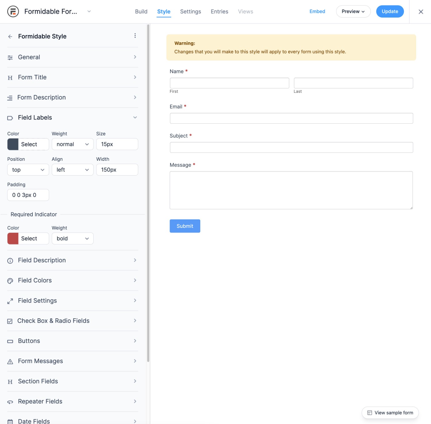 Formidable Forms styling interface