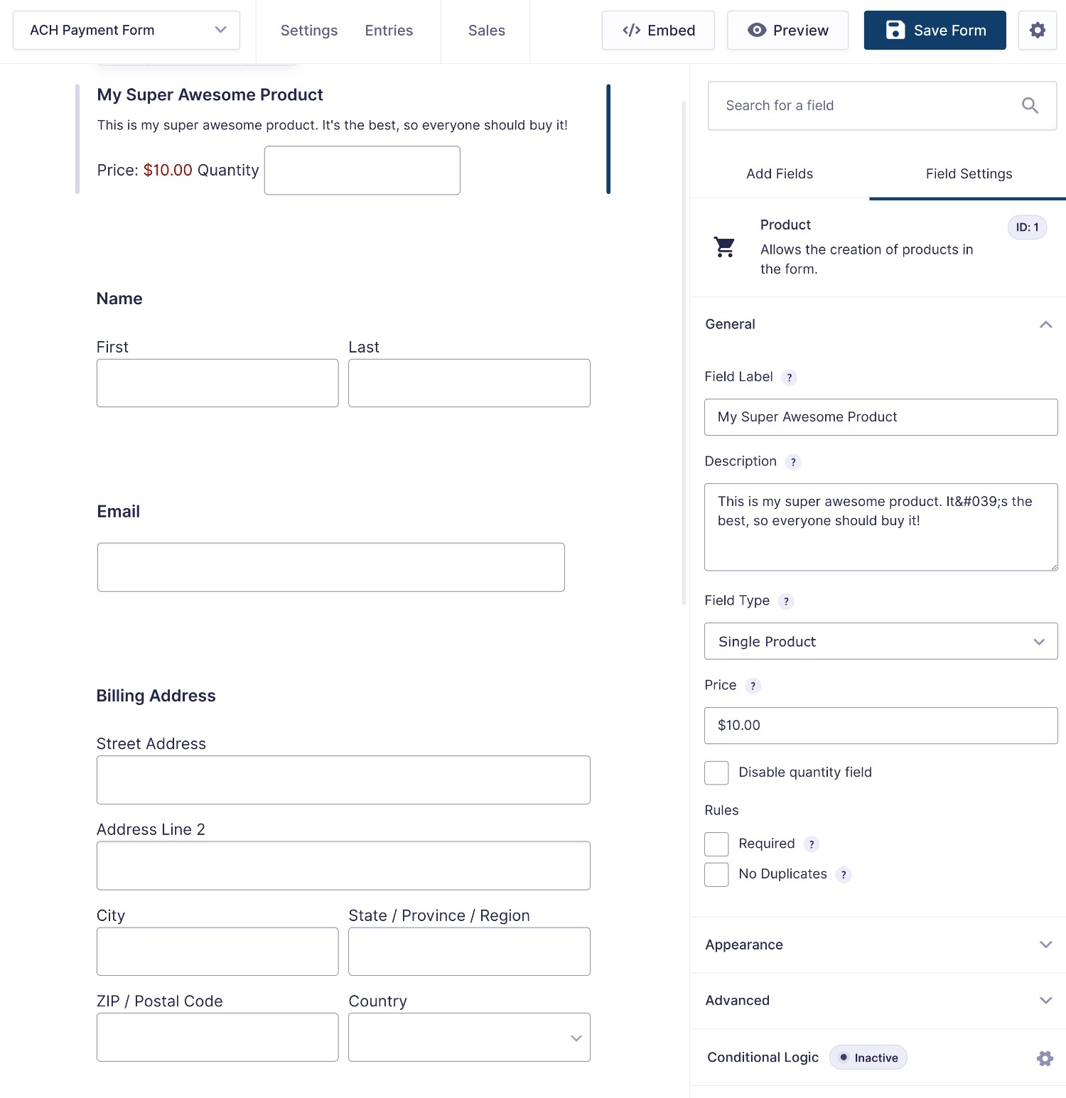 Gravity Forms Stripe product fields