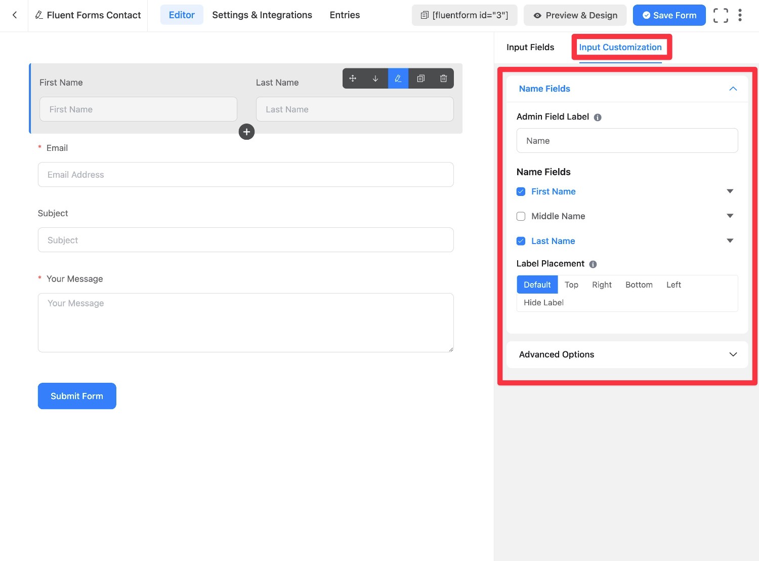 Fluent Forms field settings