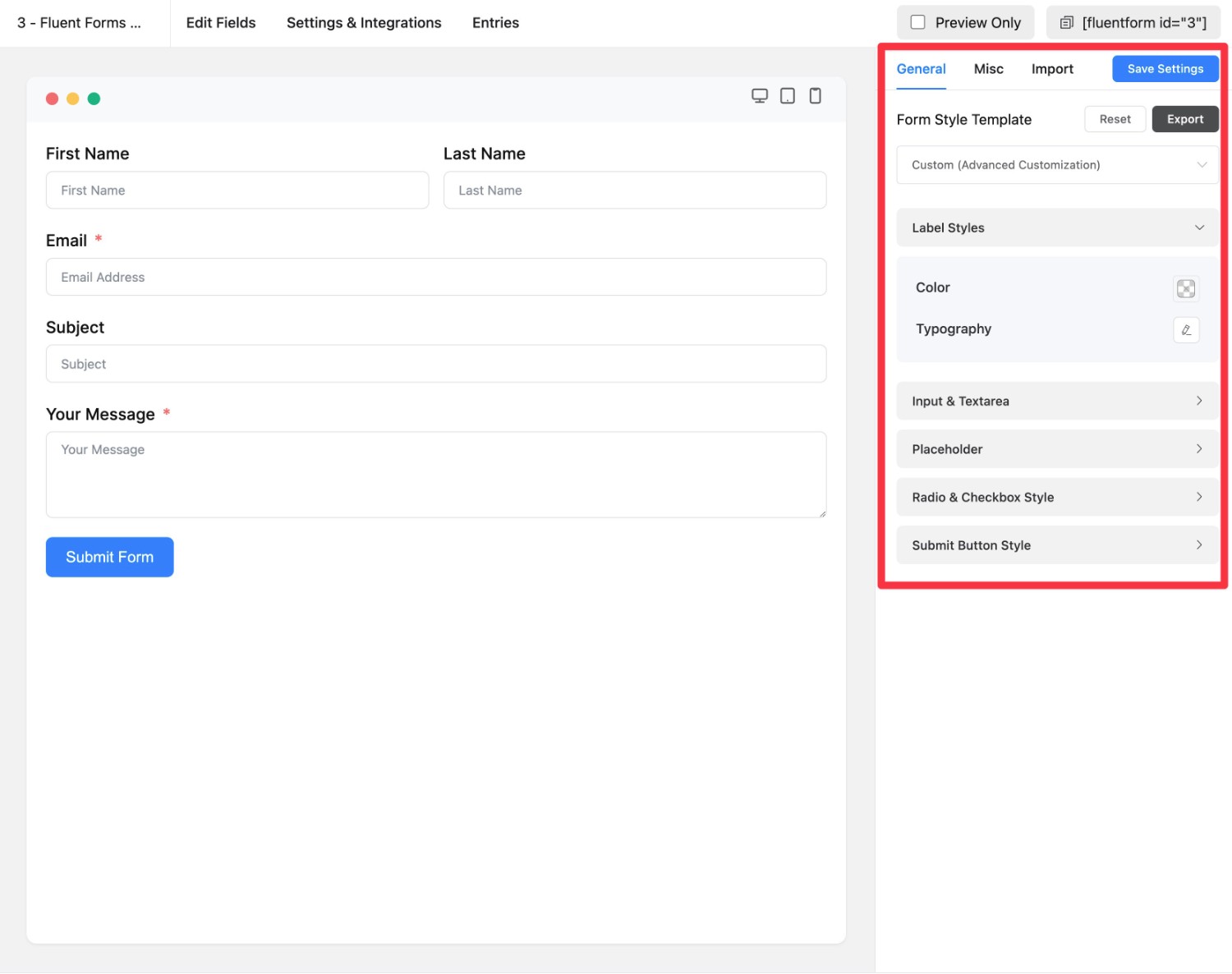 Fluent Forms styler interface