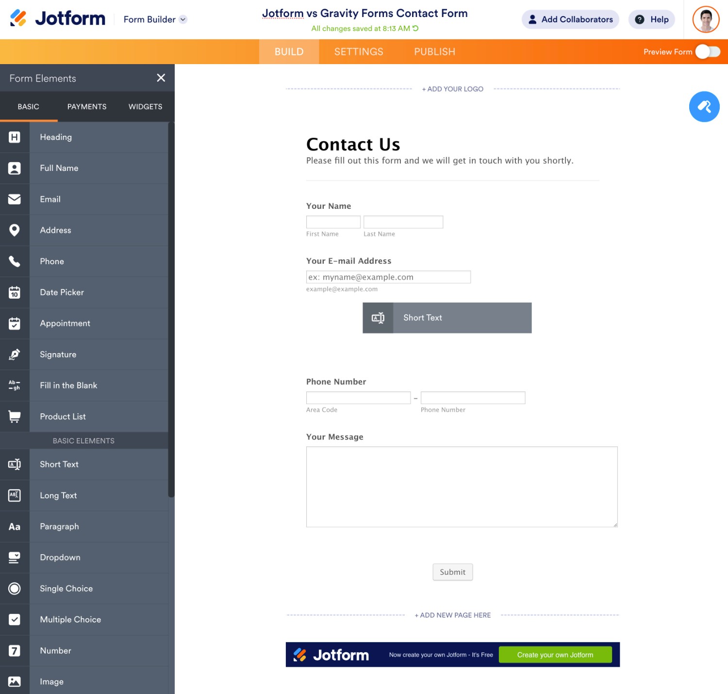 Adding fields to Jotform