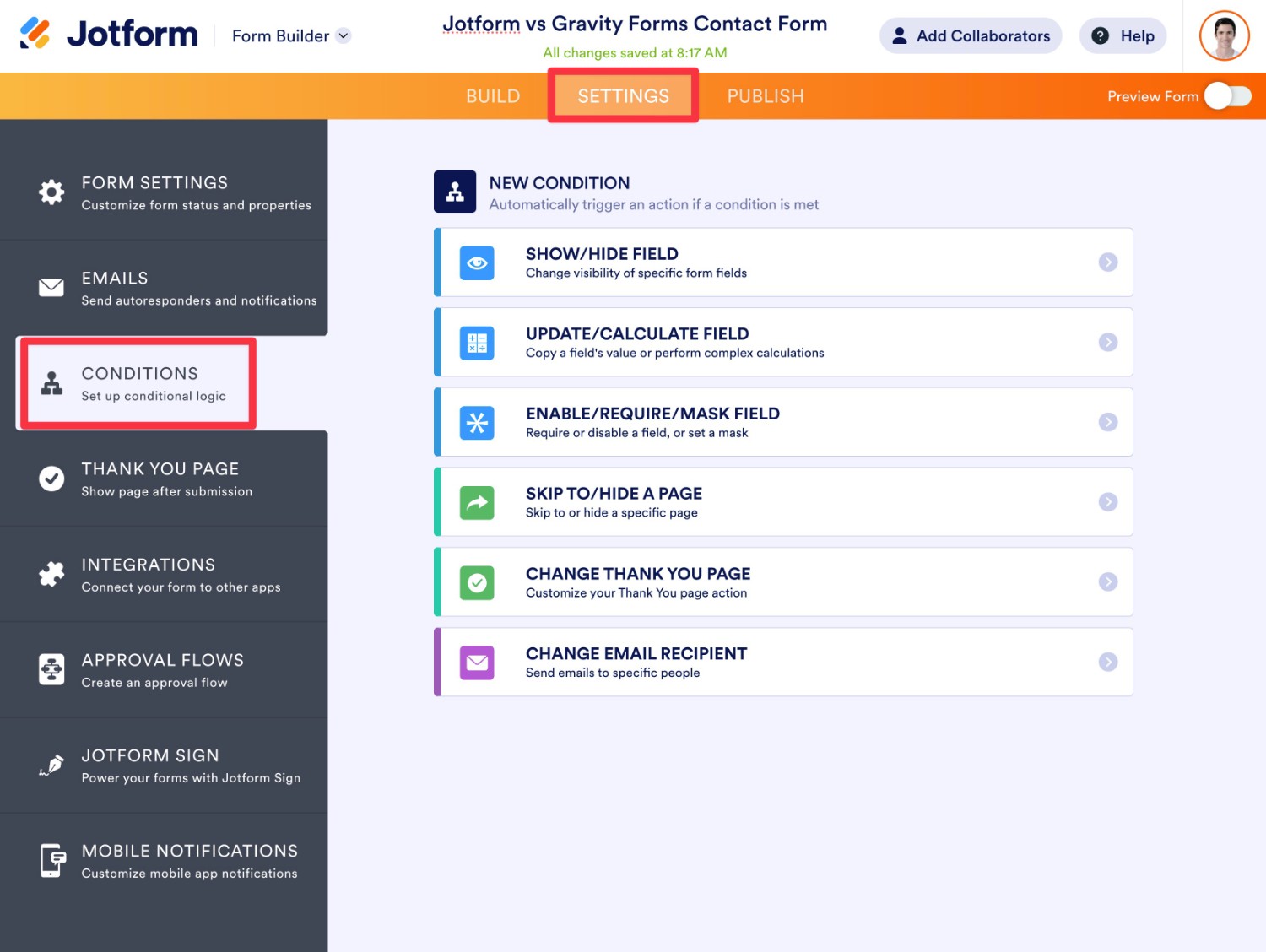 Jotform conditional logic