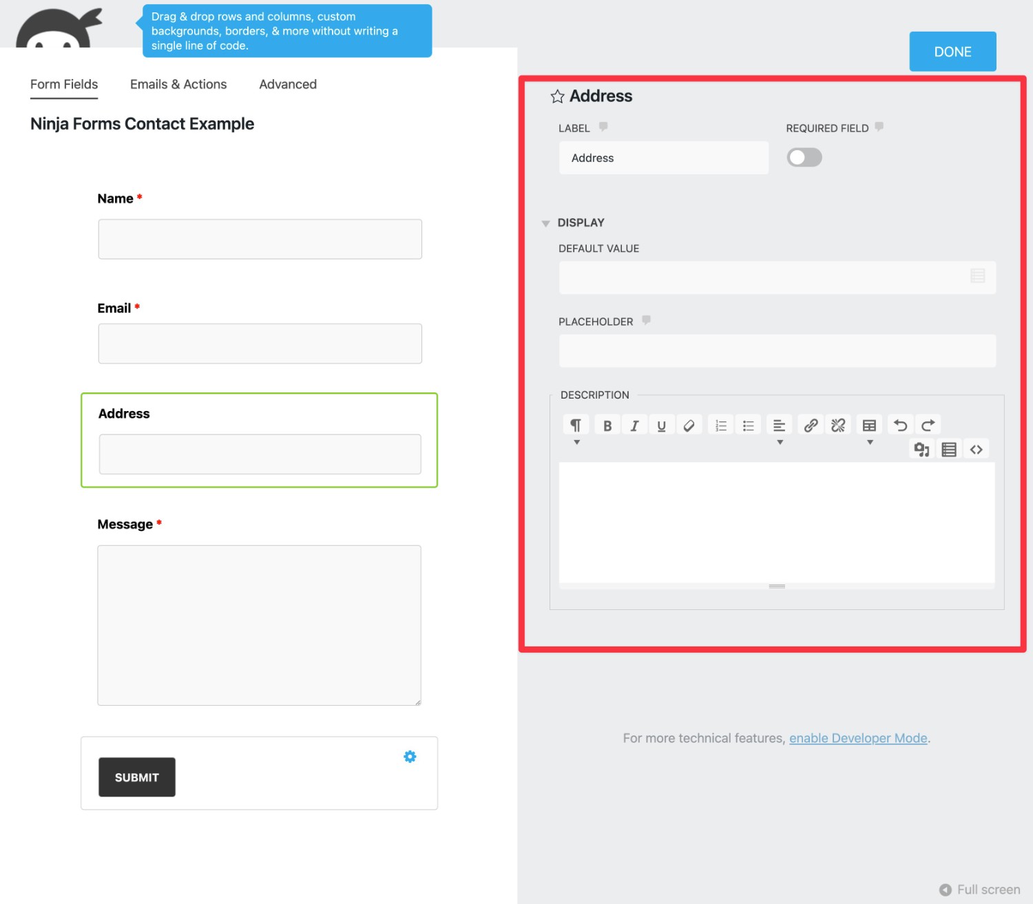 Ninja Forms basic field options