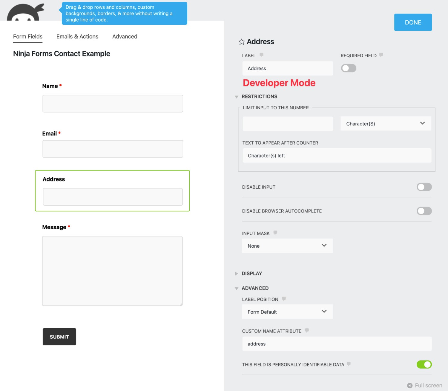 Ninja Forms developer field options