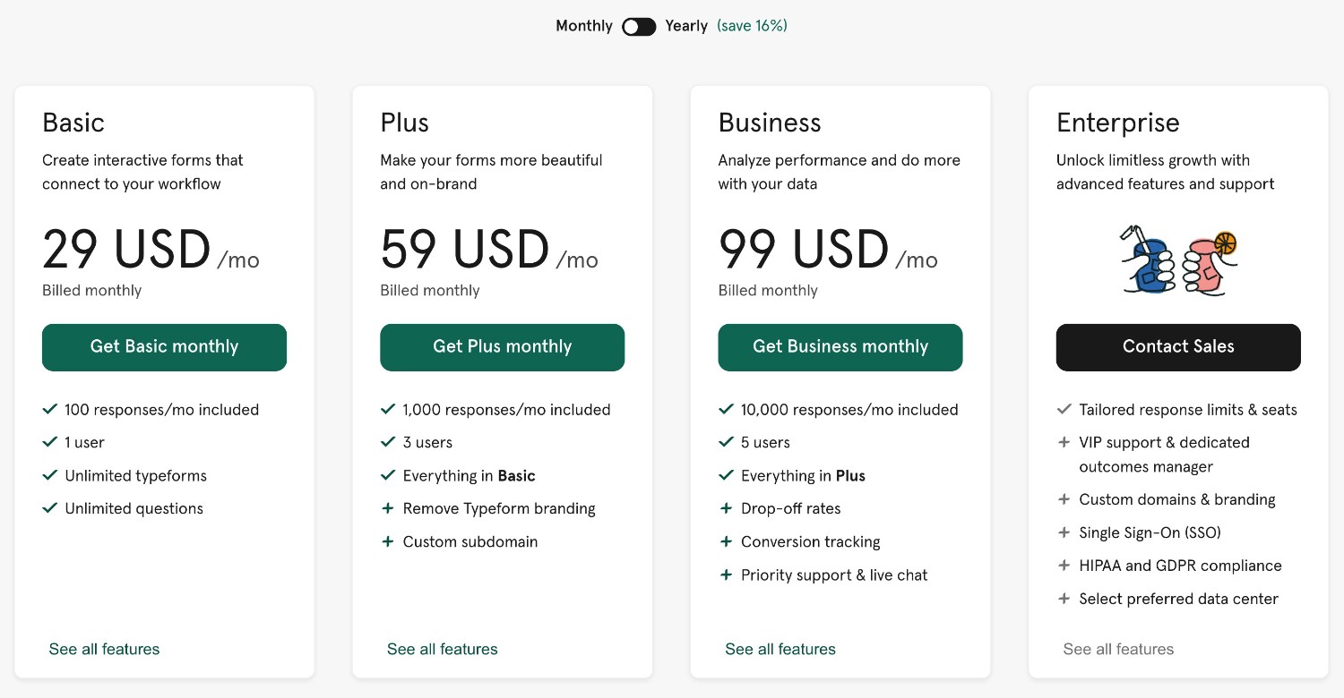 Typeform monthly pricing
