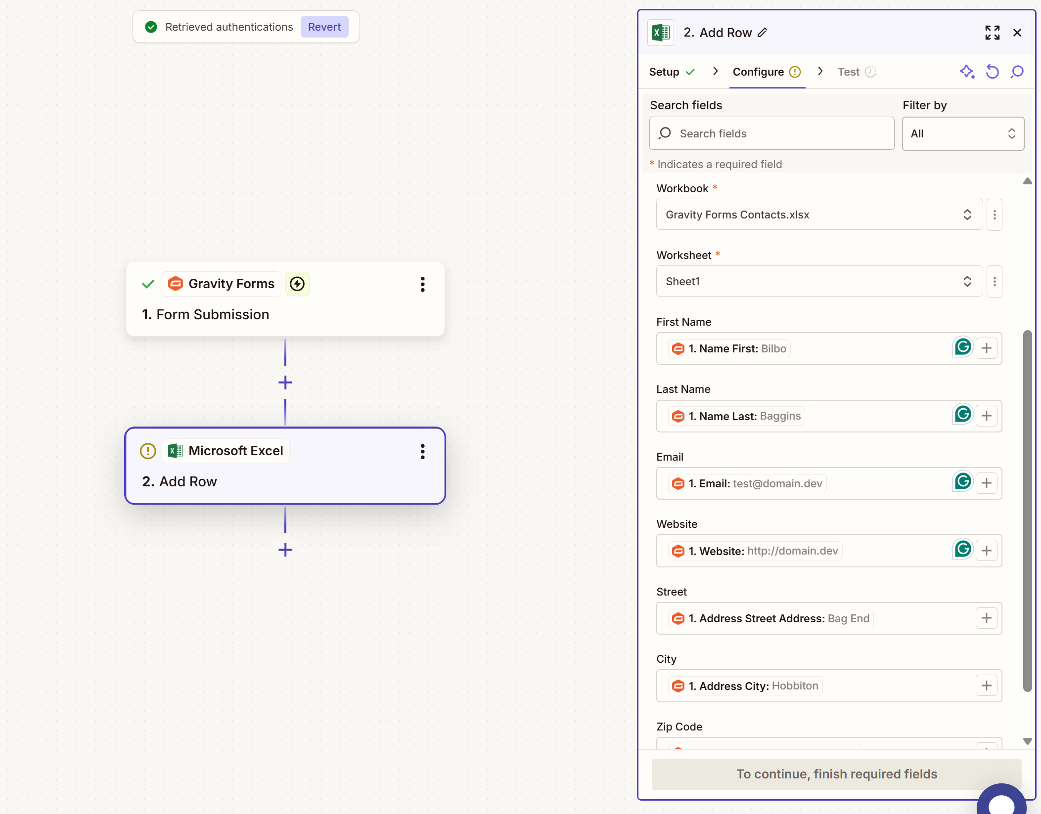 Zapier Excel Configure