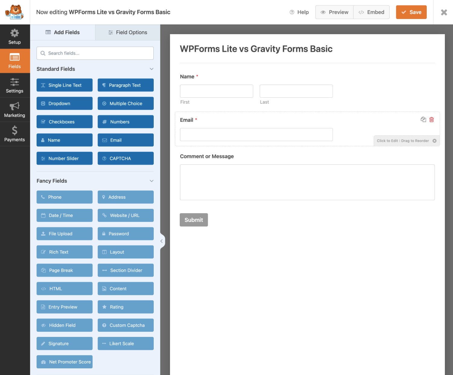 WPForms Lite builder