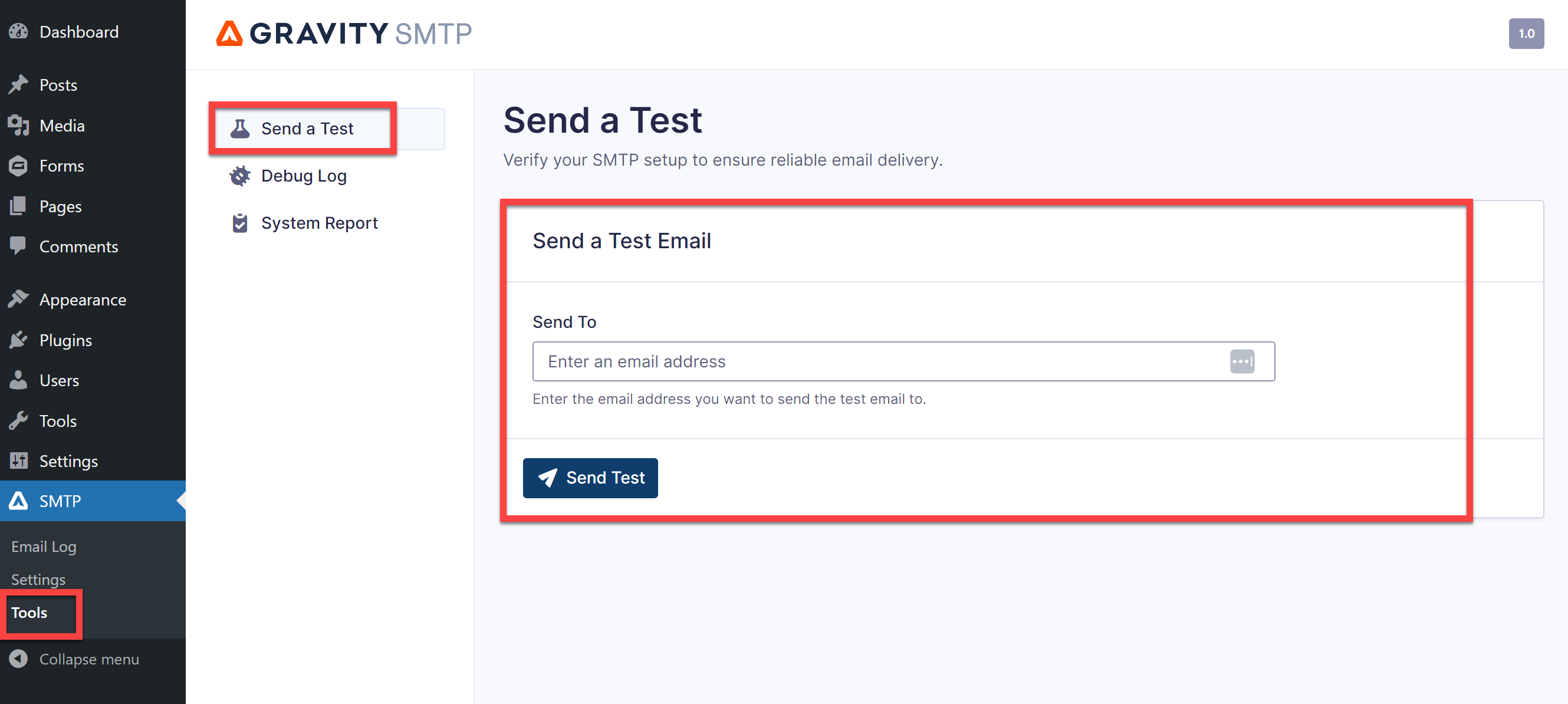 Gravity SMTP Send a Test 