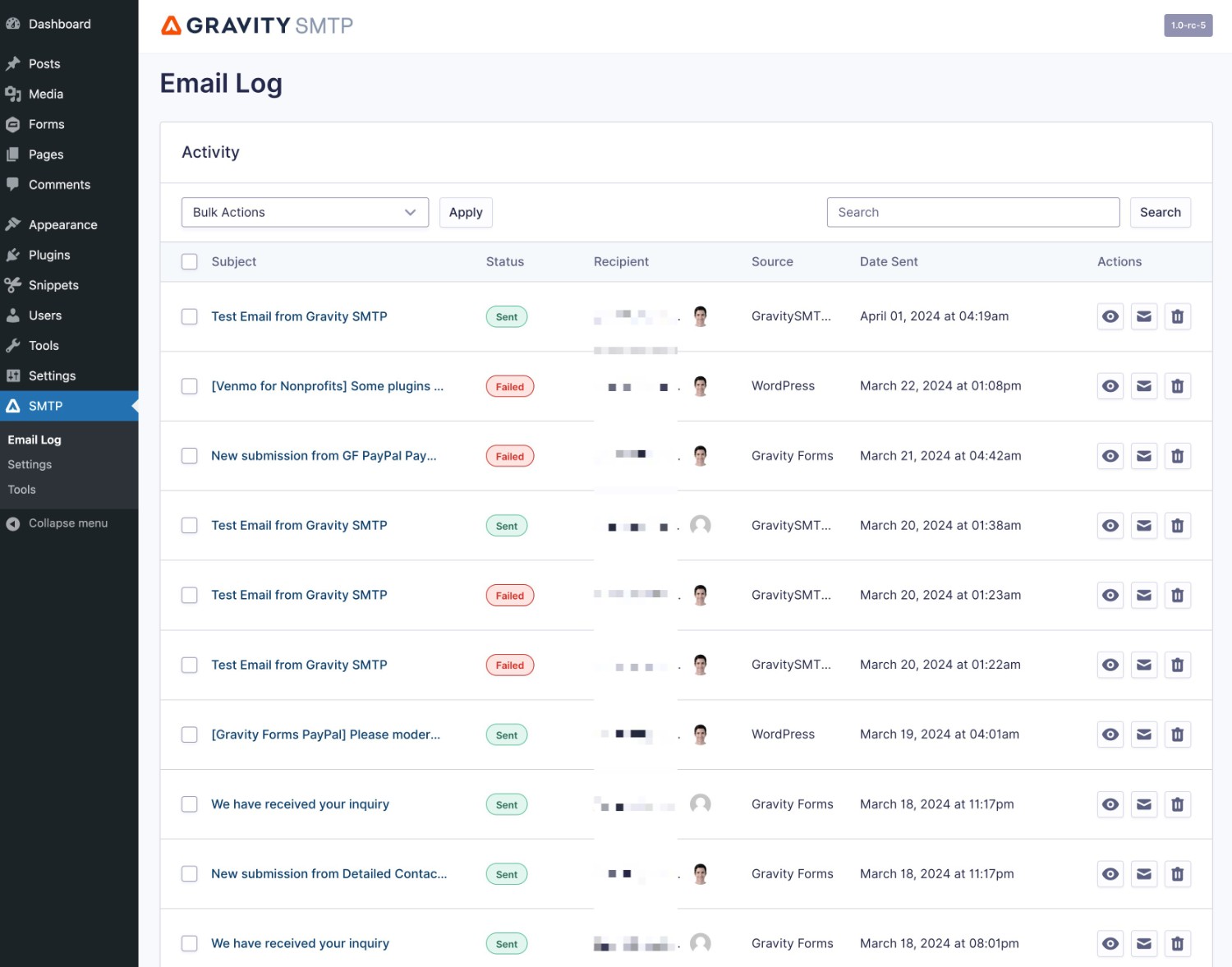 Gravity SMTP email log feature