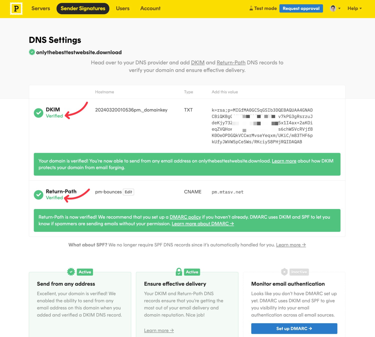 Verified Postmark DNS records