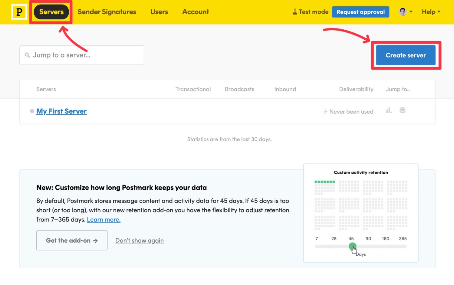 Create a new server in Postmark
