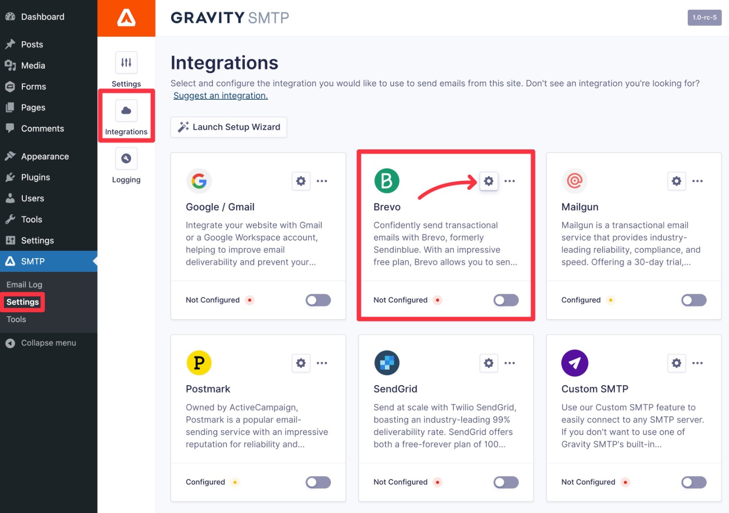 Open Brevo email settings in Gravity SMTP