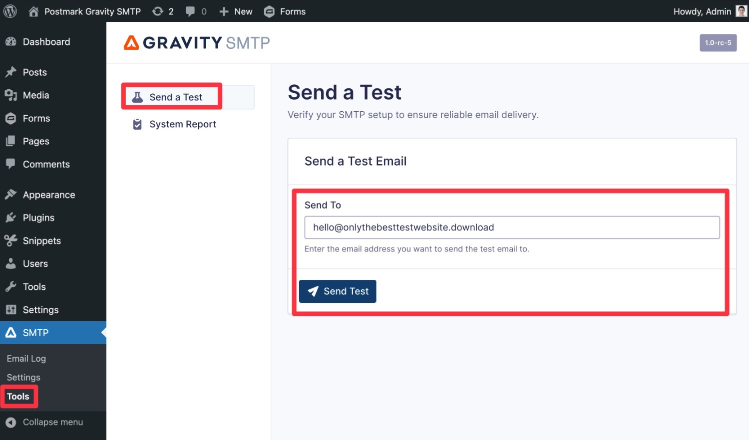 Enter test email address