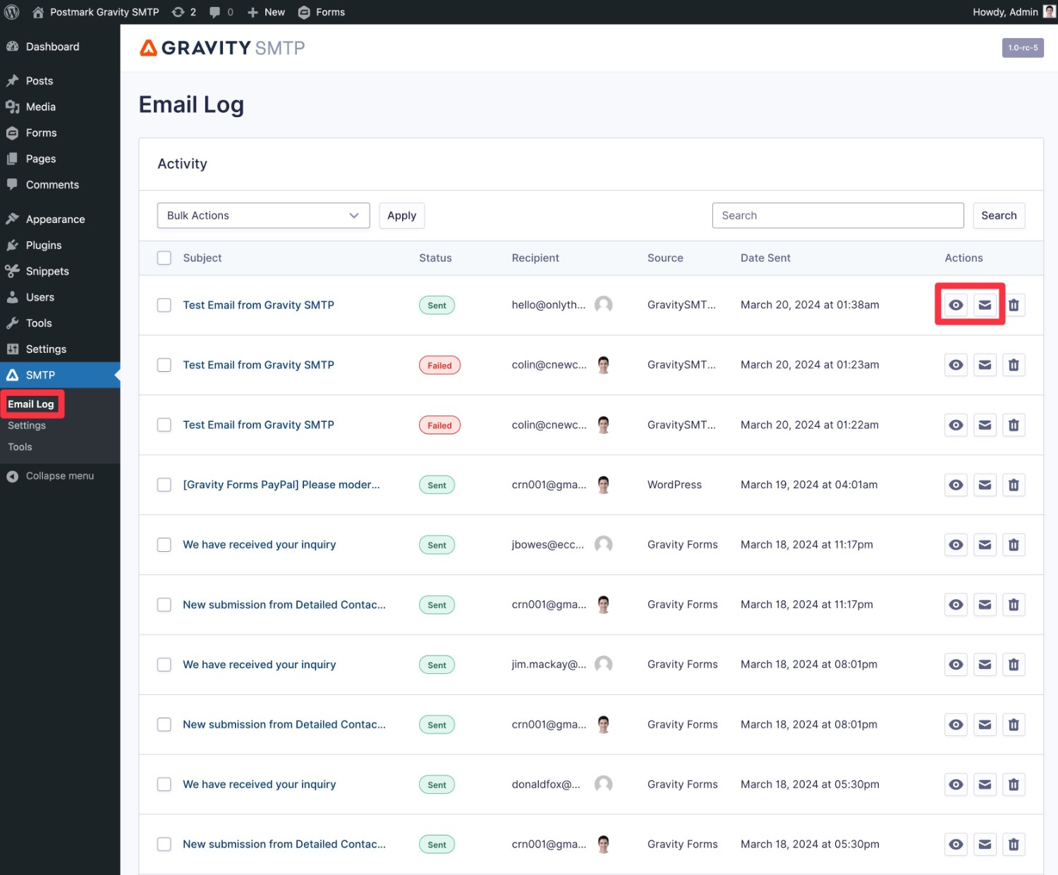 Gravity SMTP logging list