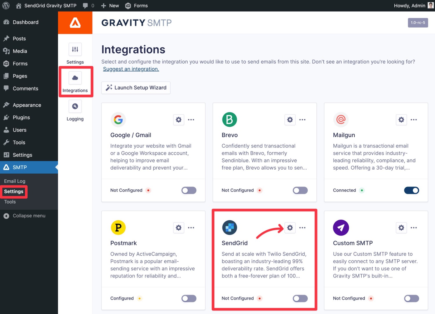 Open SendGrid email settings in Gravity SMTP