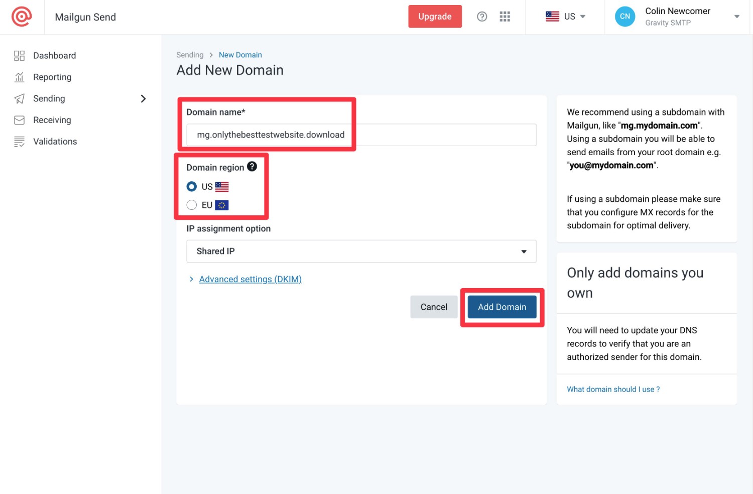 Mailgun domain name settings