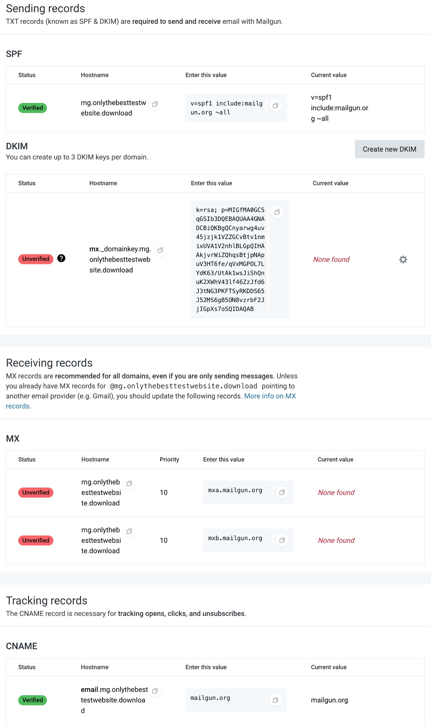 Mailgun DNS records
