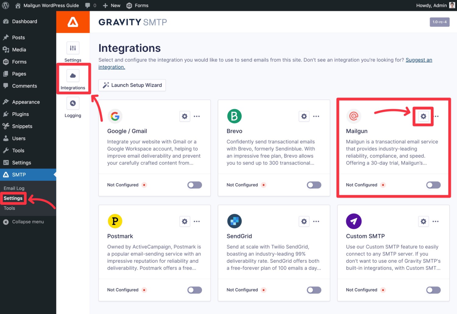 Access Gravity SMTP Mailgun settings