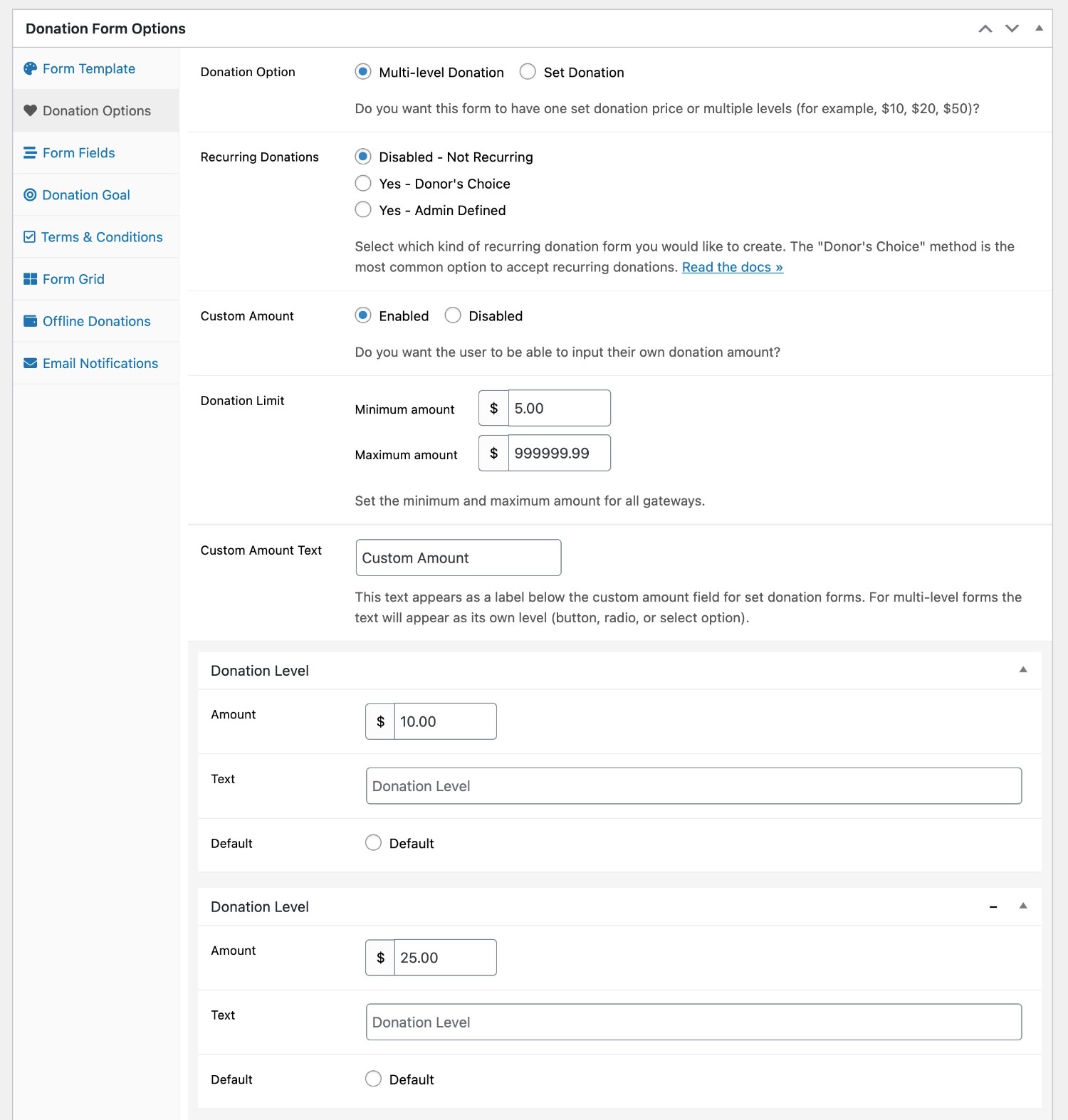 GiveWP donation amounts