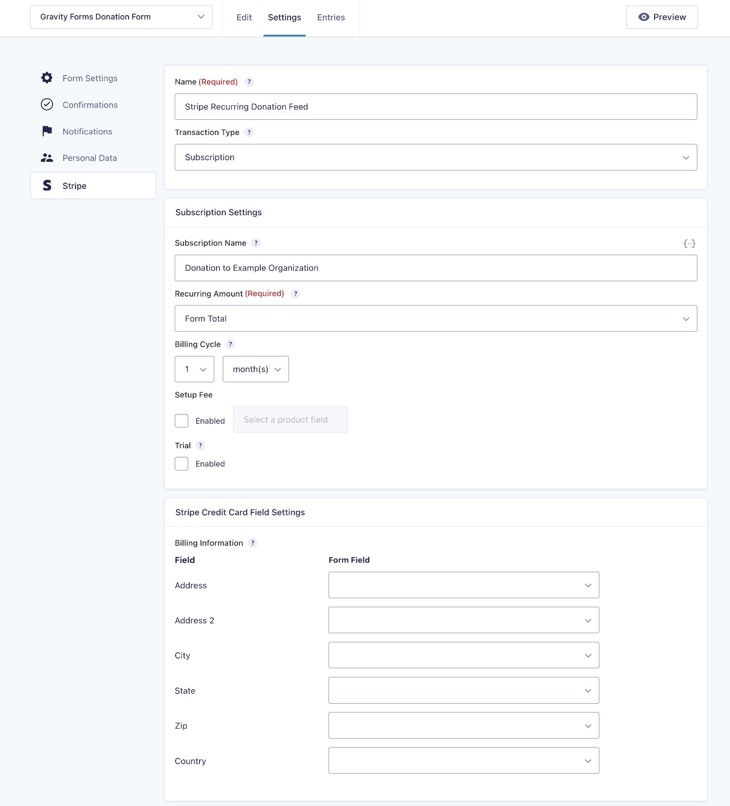 Gravity Forms payment feed