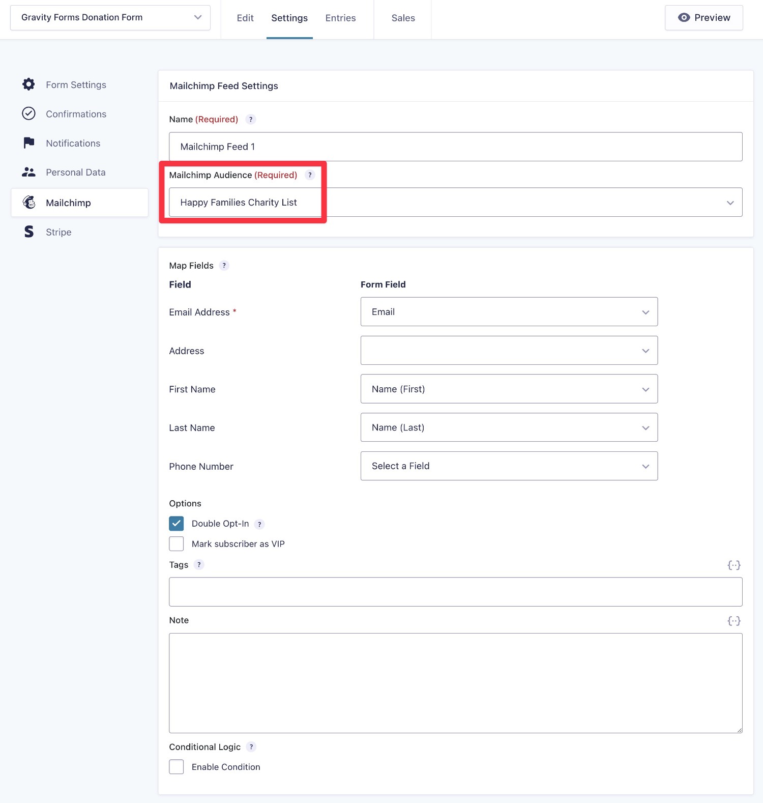 Gravity Forms Mailchimp feed
