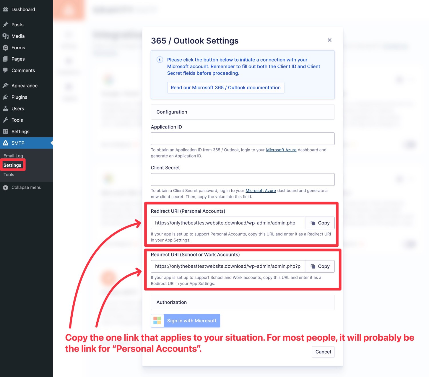 Microsoft 365 Redrect URI