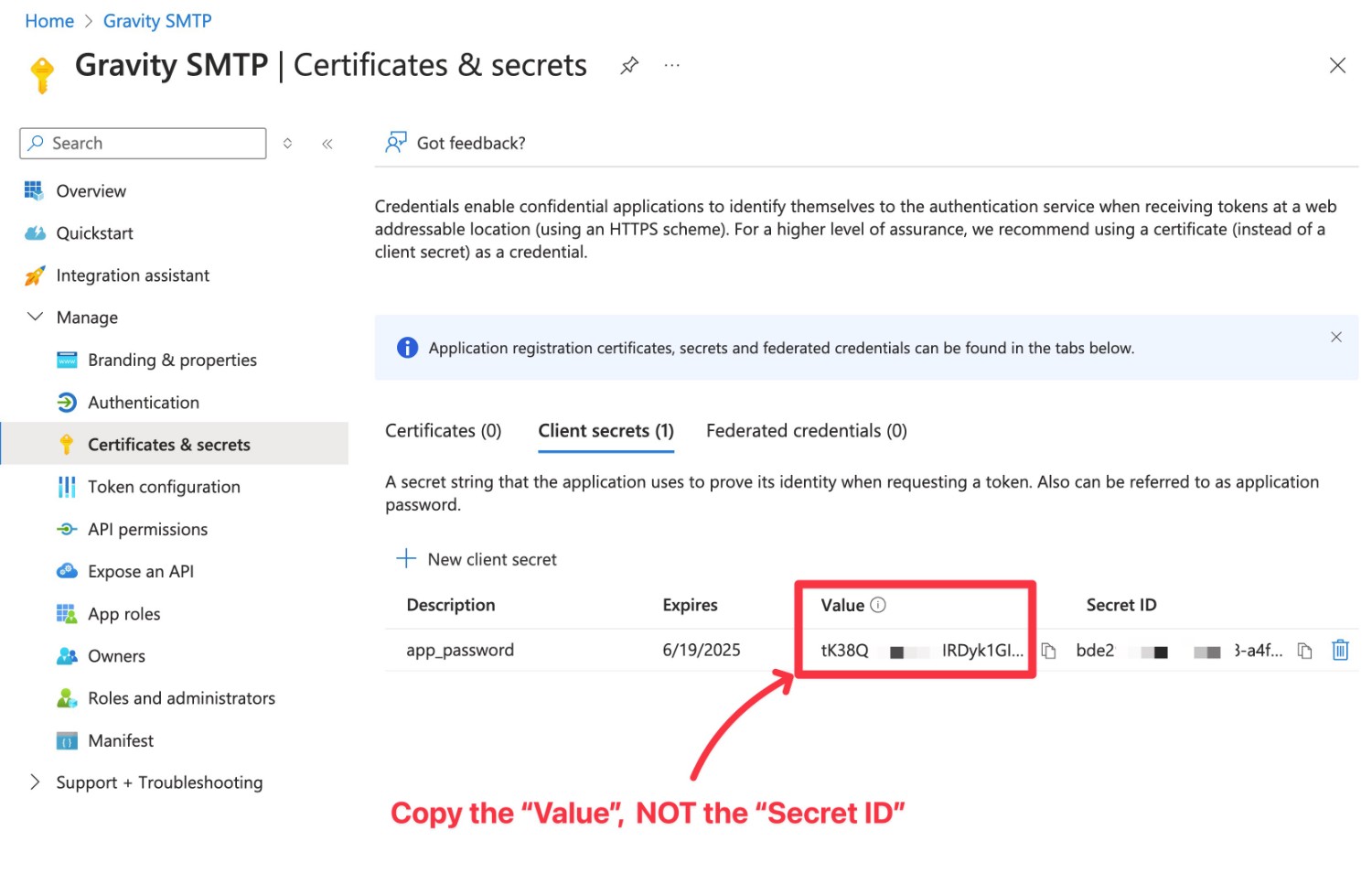 Copy the Value for your client secret