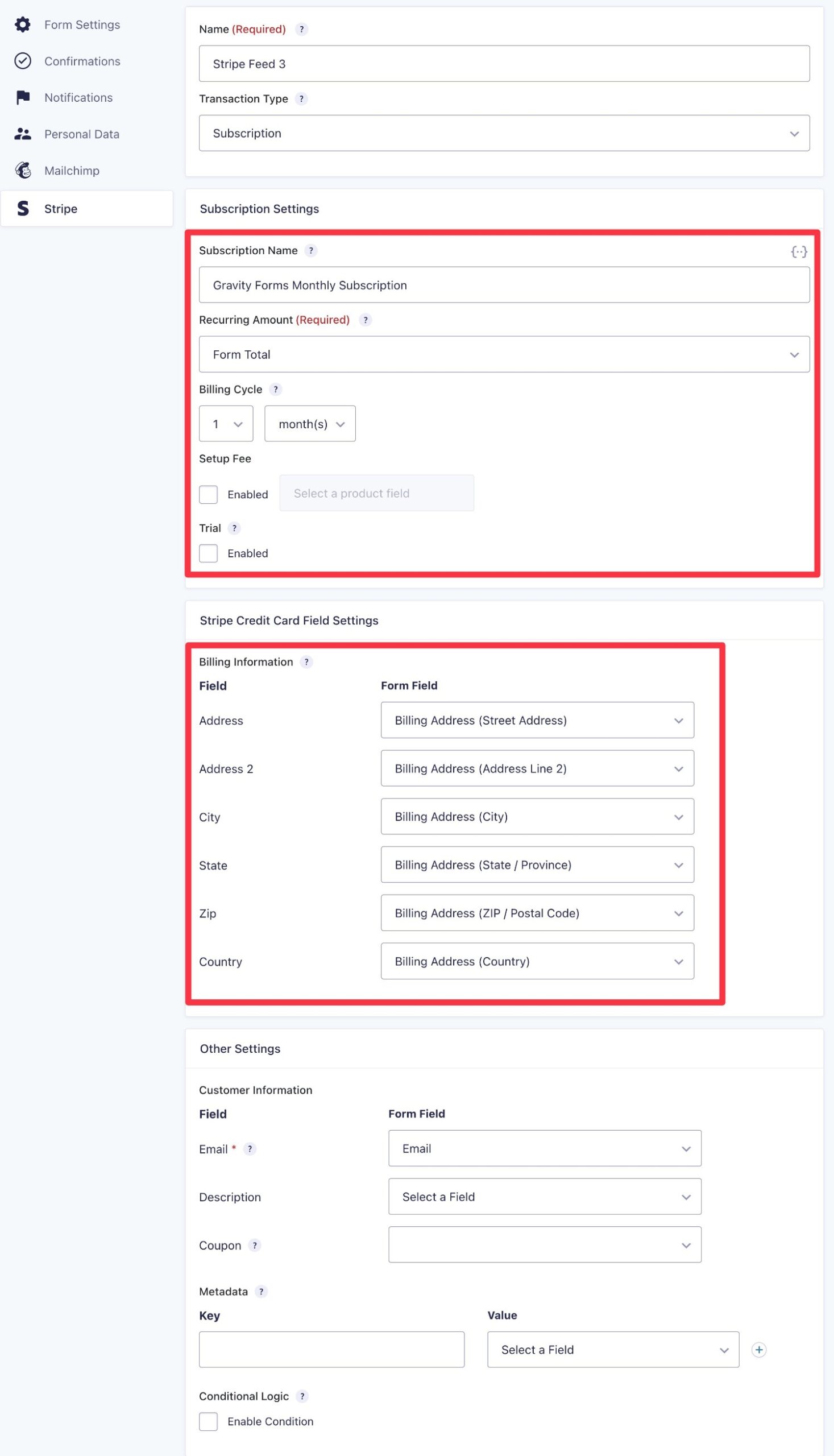 Stripe feed subscription payment settings