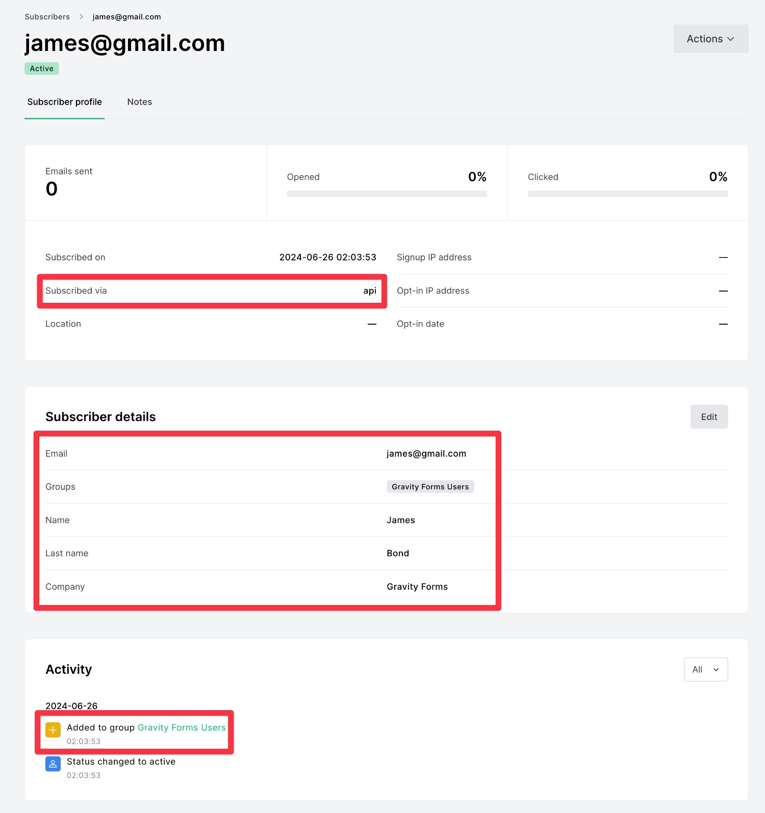Dummy information in MailerLite dashboard