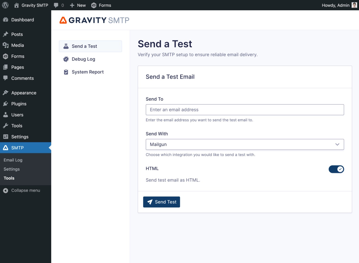 Gravity SMTP test email feature