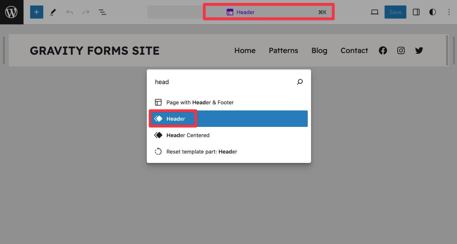 Access the interface for WordPress template parts
