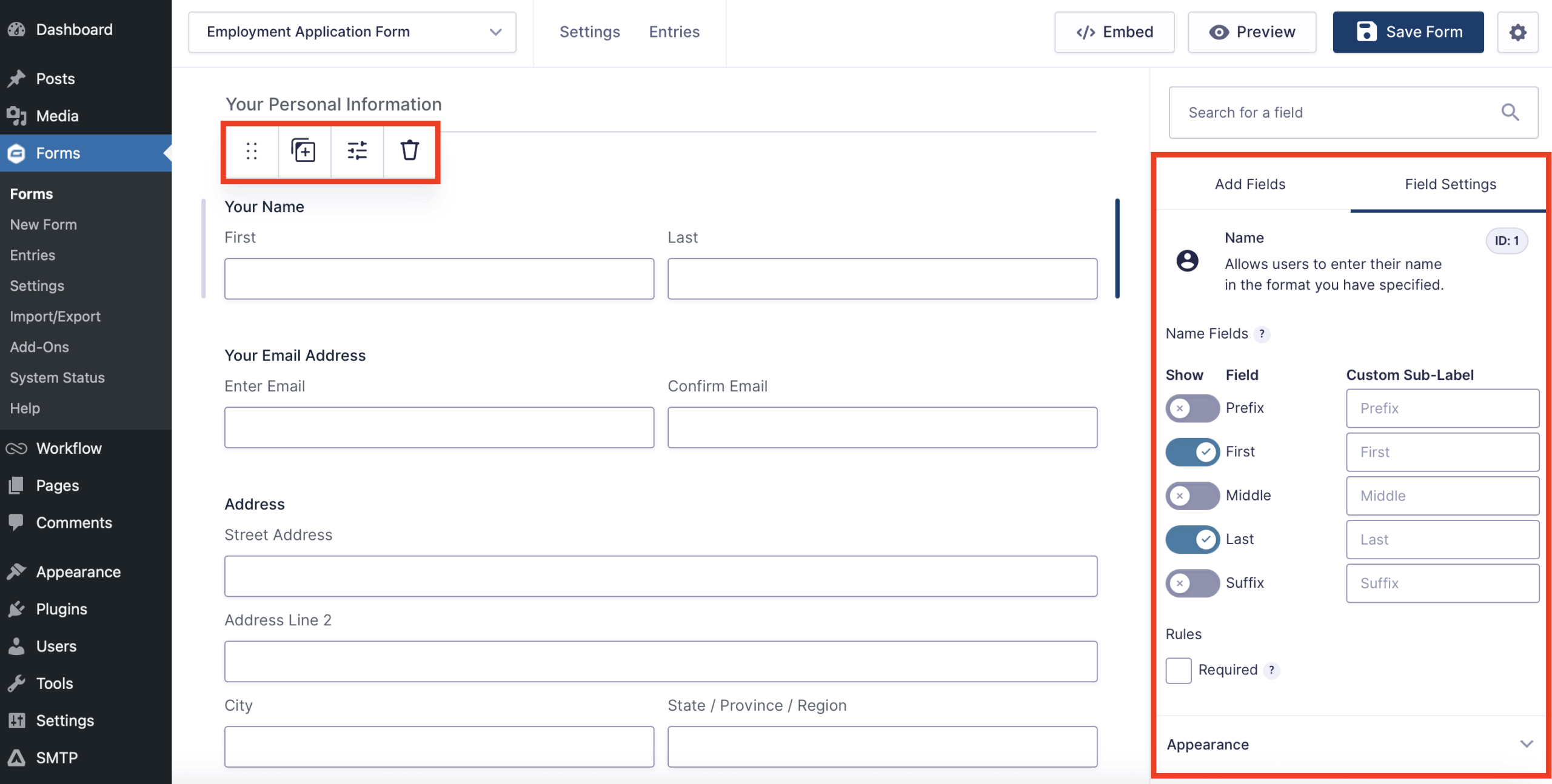 Gravity Forms edit field settings