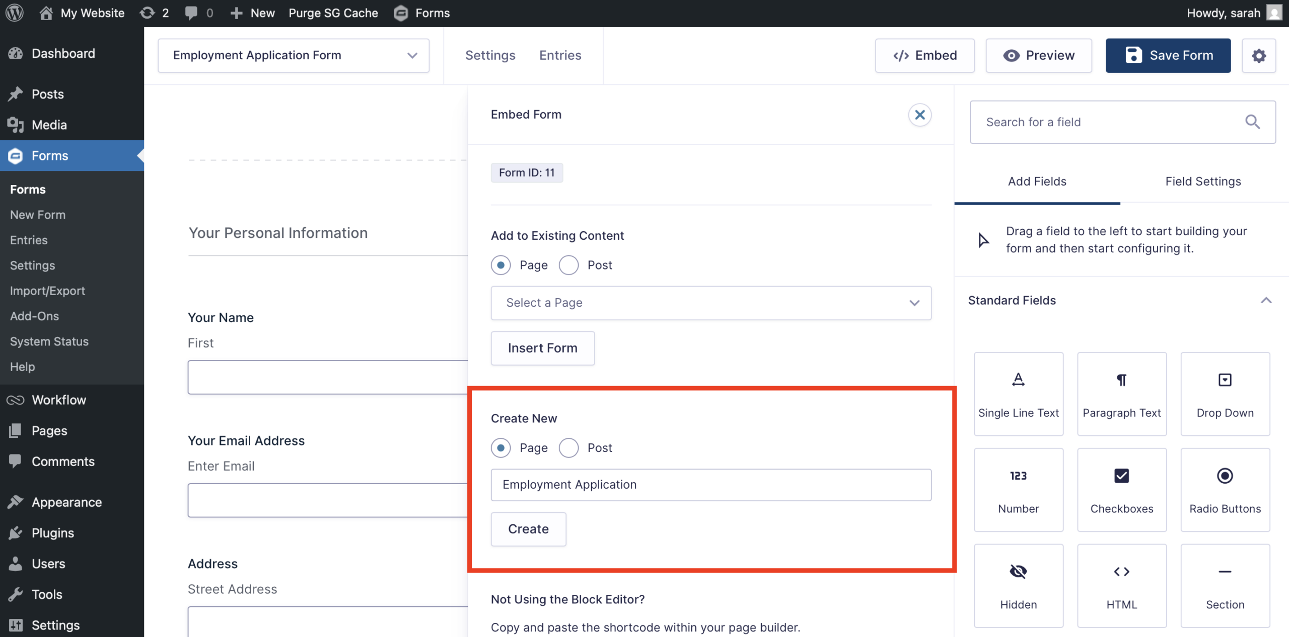 GF embed form on new page
