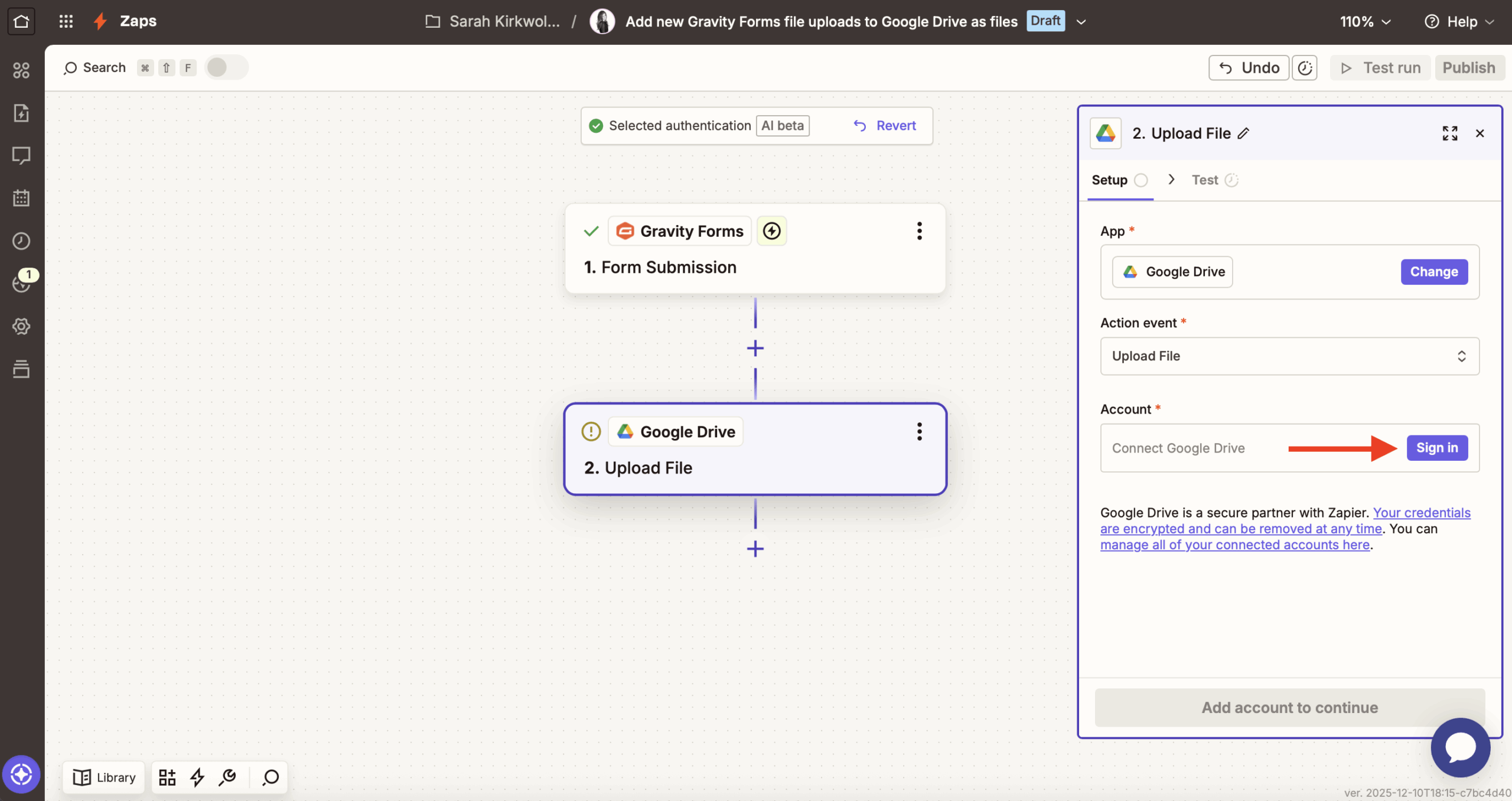 GF to Zapier sign in Google Drive