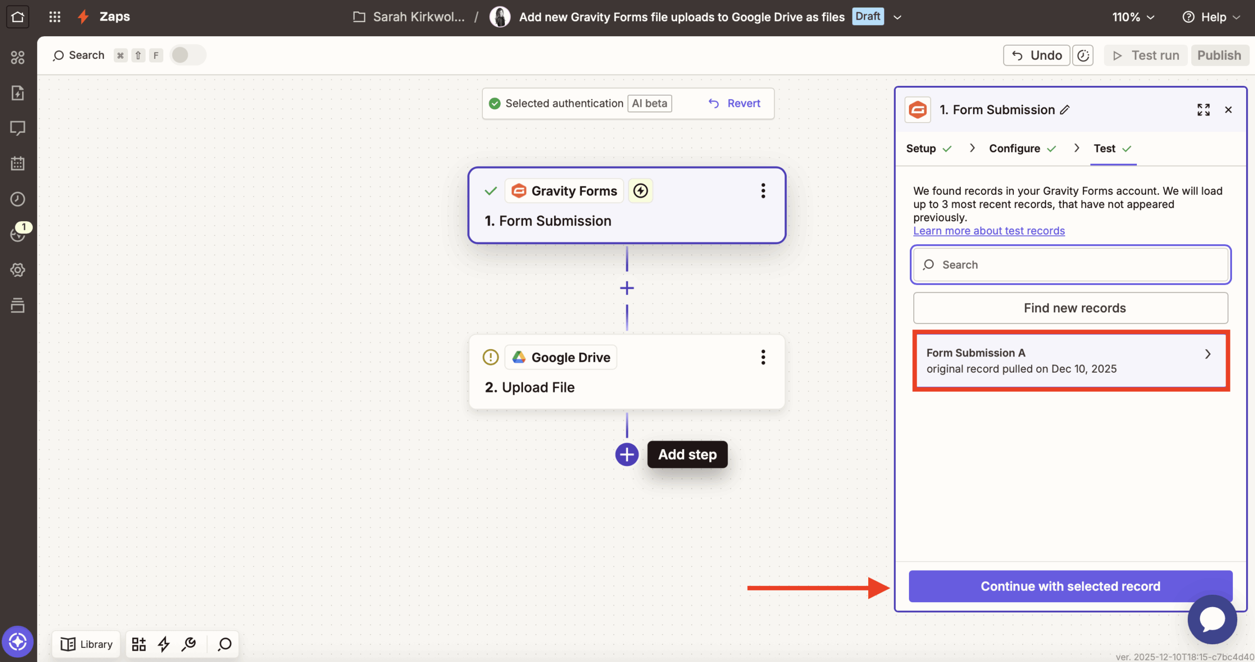 GF to Zapier test record