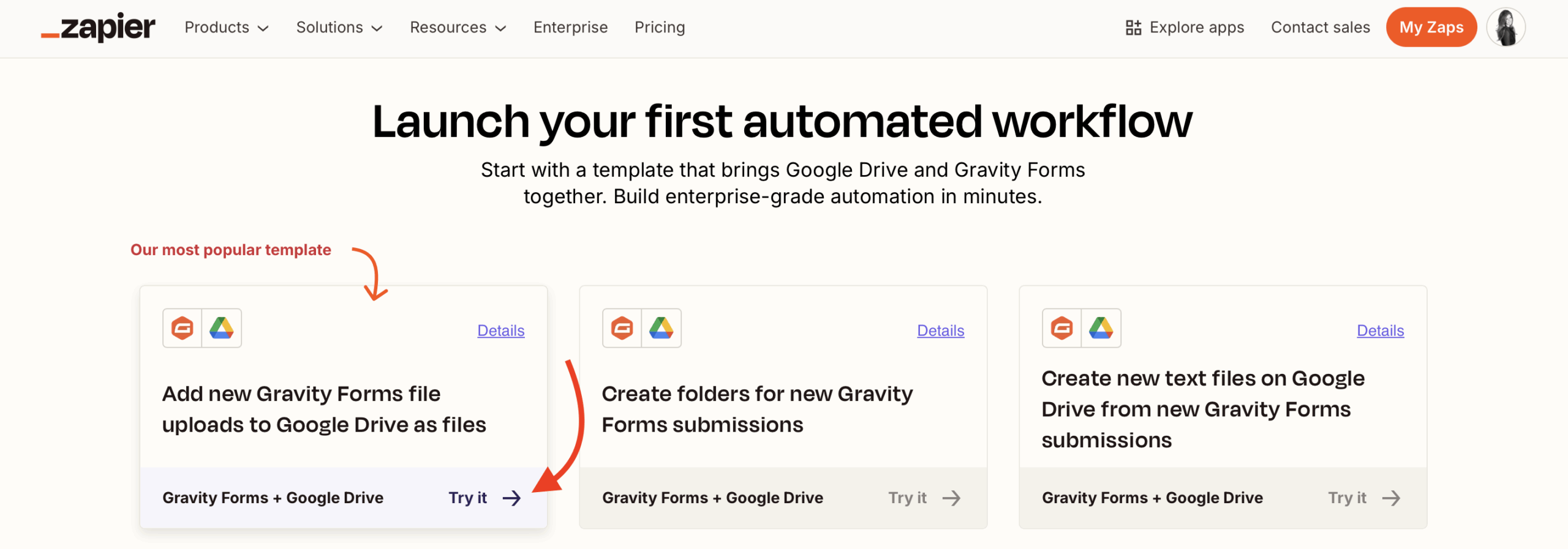 Gravity Forms to Google Drive choose Zap
