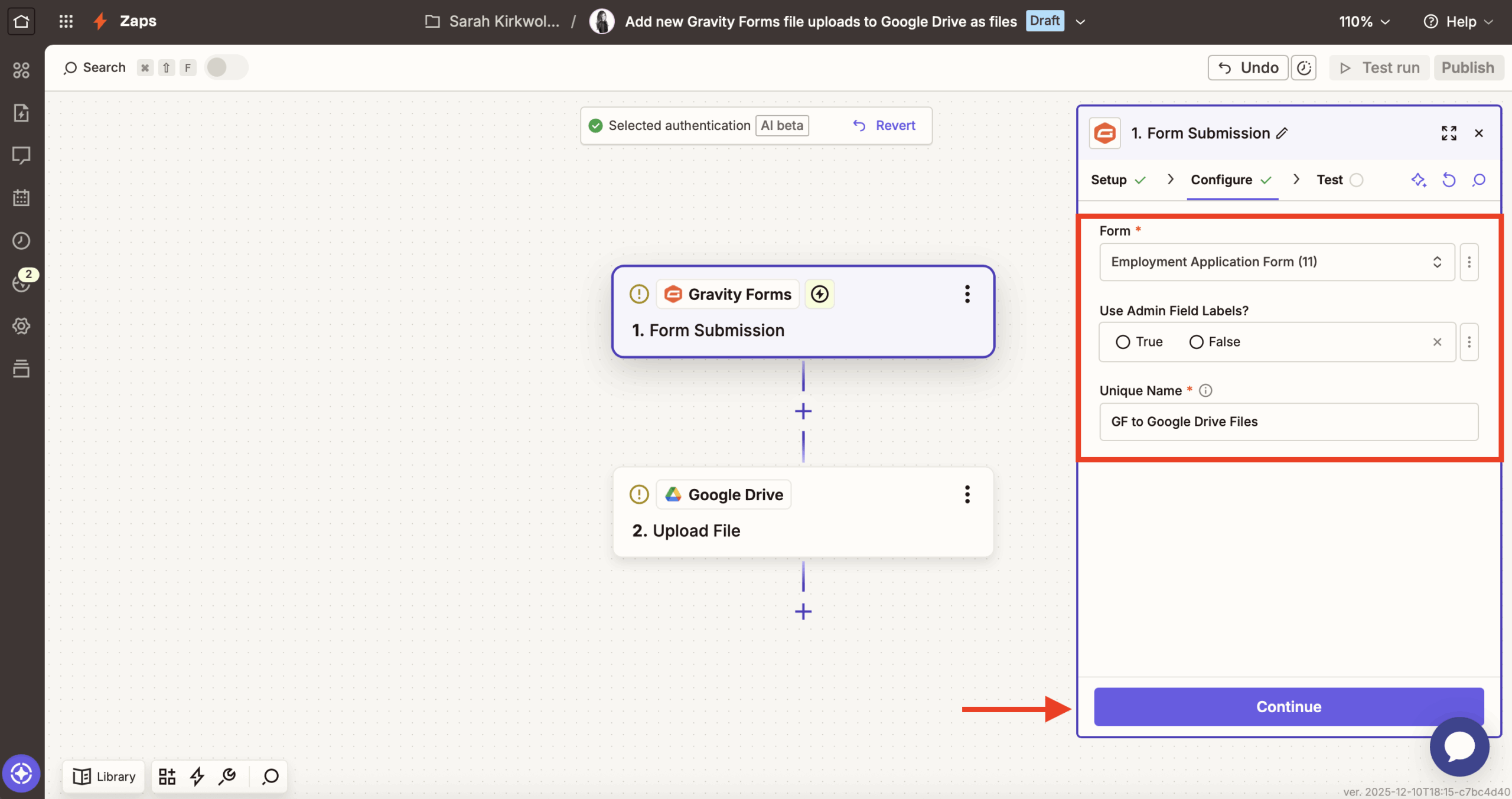 Zapier GF configure fields