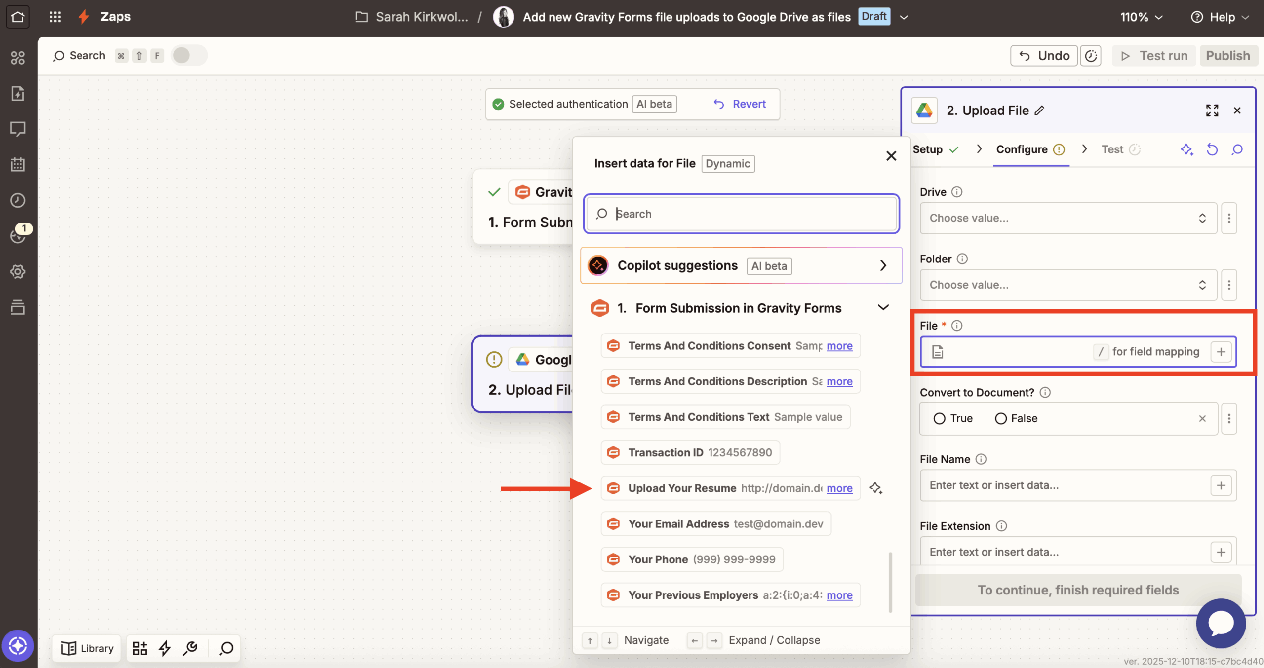 Zapier select file field upload resume