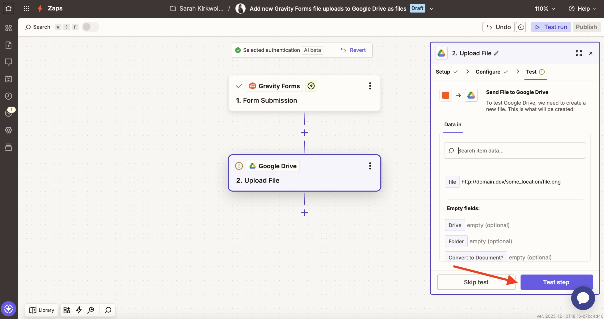 Zapier to Google Drive test integration step