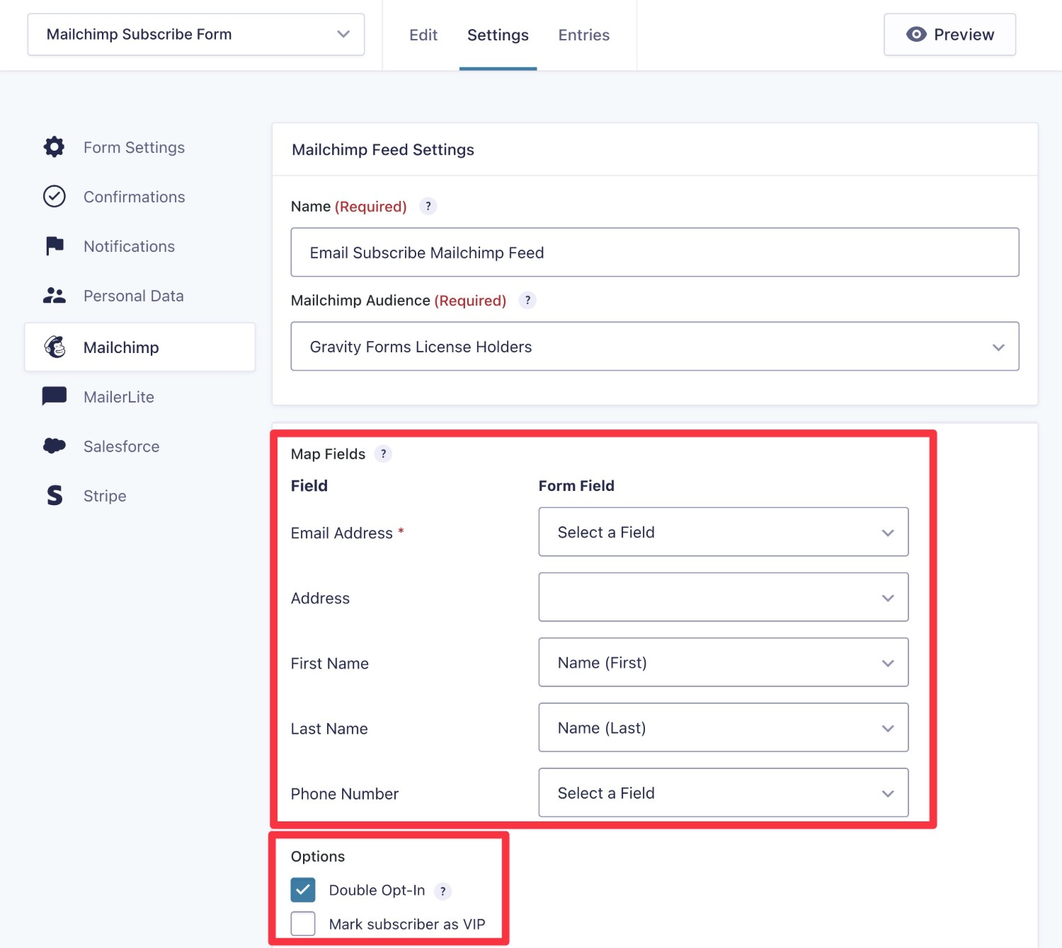 Map form fields to Mailchimp