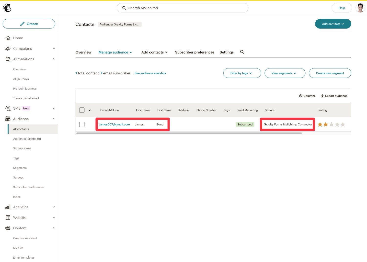 WordPress subscriber in Mailchimp audience