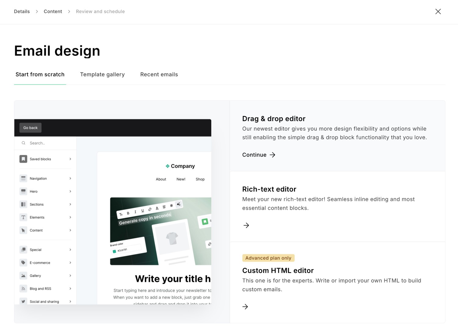 MailerLite email builder options