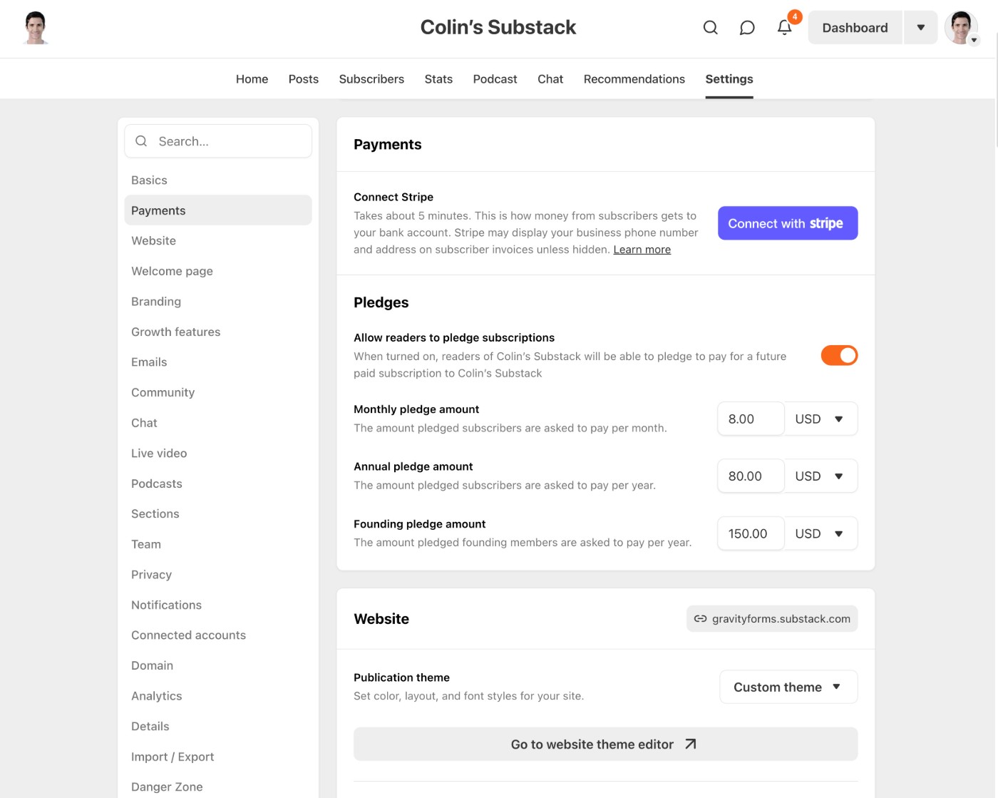 Substack settings
